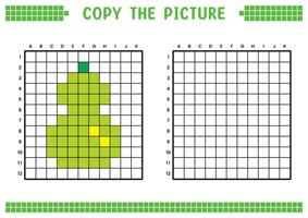 Copy the picture, complete the grid image. Educational worksheets drawing with squares, coloring cell areas. Children's preschool activities. Cartoon , pixel art. Green pear fruit illustration. vector