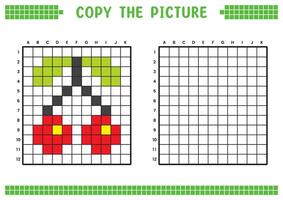 Copy the picture, complete the grid image. Educational worksheets drawing with squares, coloring cell areas. Children's preschool activities. Cartoon, pixel art. Red cherry illustration. vector