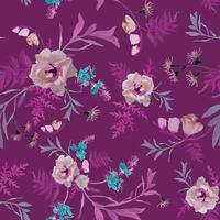 floral pattern of pink and purple wild flowers on dark burgundy background. White thistles, cornflowers, veronica chamaedrys, meadow leaves. vector