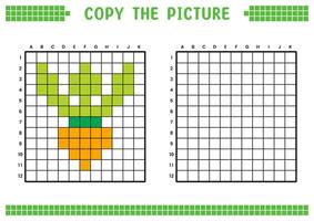 Copy the picture, complete the grid image. Educational worksheets drawing with squares, coloring cell areas. Children's preschool activities. Cartoon, pixel art. Carrot illustration. vector