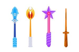 Magic wand set. Wooden sticks with crystals for magical tricks and spell. Wizard tool. vector