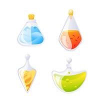 Magic potion vials set. Alchemy elixir. Magical substance. Game potion. vector