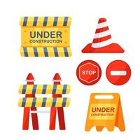 Under construction sign. Traffic Road barriers set. Wrong way stop. Closed road blocks. vector