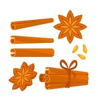 Cinnamon set. Cinnamon sticks tied with a rope. Fragrant spice. vector