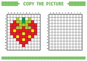 Copy the picture, complete the grid image. Educational worksheets drawing with squares, coloring cell areas. Children's preschool activities. Cartoon, pixel art. Red strawberry illustration. vector