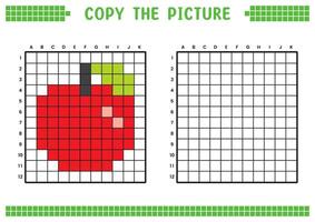 Copy the picture, complete the grid image. Educational worksheets drawing with squares, coloring cell areas. Children's preschool activities. Cartoon, pixel art. Red apple illustration. vector