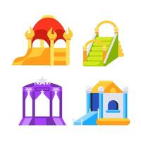 Inflatable children hills and castles on playground. Childhood activity in the park. vector