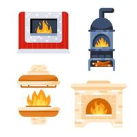 Home fireplace Brick and Metal set. Hearth fireplaces made of bricks. Xmas Decor and Grating. vector