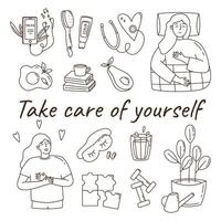 Self care activities to stay happy and healthy. Doodle outline style. Self care, relaxation and hobby concept. hand drawn illustrations. Bold lines. vector