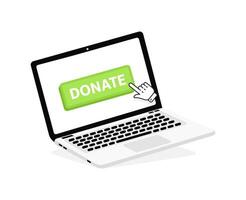 Donate text on Laptop screen with a red button . Button with pointer clicking. Finger Pressing vector