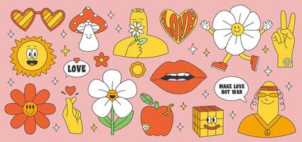 Groovy hippie 70s set. Funny cartoon flower, peace, Love, heart, daisy, mushroom. Sticker pack in trendy retro psychedelic cartoon style. Isolated illustration. Flower power. vector