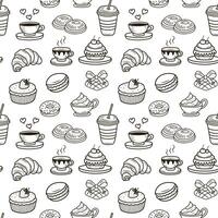 Doodle bakery coffee seamless pattern. Hand drawn cupcake, coffee cups, cookies for wrapping paper, package print, cafeteria and shop wallpapers. vector