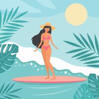 hermosa niña en traje de baño surf en el ola. tropical hojas alrededor. verano póster, bandera o tarjeta. vector