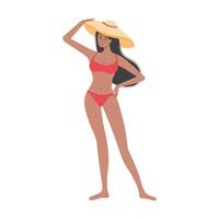 Beautiful tanned girl in swimsuit and hat standing. Woman relaxing and sunbathing. Summer vacation, holiday, travel, leisure. vector