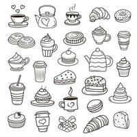 Doodle bakery coffee shop set. Cute doodle cartoon coffee shop icons. vector