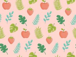 Seamless pattern with tropical leaves, twigs, strawberry and apple. Exotic floral pattern for design and textile. Summer background in pastel colors. vector