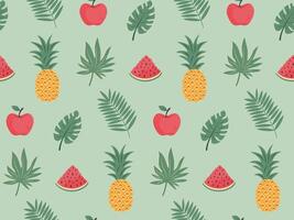 Seamless pattern with tropical leaves, pineapple, watermelon and apple. Exotic floral pattern for design and textile. Summer background in pastel colors. vector