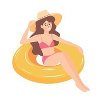 Beautiful girl in swimsuit and hat sitting on an inflatable ring. Woman relaxing and sunbathing. Summer vacation, holiday, travel, leisure. vector