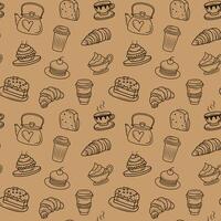 Doodle bakery coffee seamless pattern. Hand drawn cupcake, coffee cups, cookies for wrapping paper, package print, cafeteria and shop wallpapers. vector