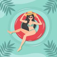 Beautiful girl in swimsuit on inflatable ring relaxing. Tropical leaves around. Summer poster, banner or card. vector