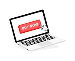 Buy now text on Laptop screen with a red button . Button with pointer clicking. Finger Pressing vector