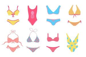 Cute female swimsuits set. Fashionable bikinis, swimwear. vector