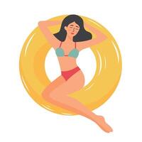 Beautiful girl in swimsuit lying on an inflatable ring. Woman relaxing and sunbathing. Summer vacation, holiday, travel, leisure. vector