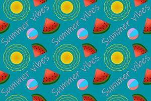 Seamless pattern featuring colorful beach balls, watermelons, and suns. Perfect for summer-themed designs, textiles, and wallpapers. vector