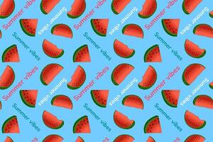 Seamless pattern featuring colorful watermelon slices and Summer vibes text. Ideal for summer-themed designs, textiles, and backgrounds. vector