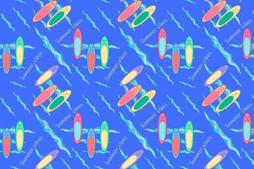 Seamless pattern featuring colorful surfboards, waves, and Summer vibes text. Perfect for summer-themed designs, textiles, and backgrounds. vector