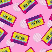 80s, 90s retro elements. Pattern with audio cassettes and geomitrical elements in the Memphis style vector