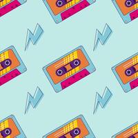 80s, 90s retro elements. Pattern with audio cassettes and geomitrical elements in the Memphis style vector
