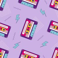 80s, 90s retro elements. Pattern with audio cassettes and geomitrical elements in the Memphis style vector