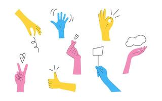 Colorful hands gestures set collection illustration isolated on white background. Simple flat design vector