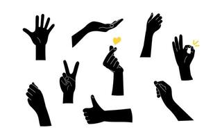 Black hands gestures set illustration isolated on white background. Simple flat design vector