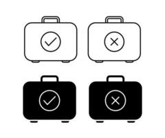 Travel luggage baggage suitcase icon set illustration isolated. Outline and black silhouette on white background. Check mark and x mark. vector