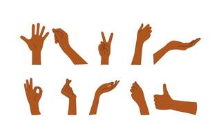 A set of illustrations on a white background, brown-skinned hands in various gestures depicted in the style of cartoon illustrations, with simple lines and shapes, on a white background, in a simple flat illustrative style vector