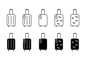 Set of different suitcases icons illustrations isolated on white background. Luggage baggage outline icons and black silhouettes. Travel concept icon sheet vector