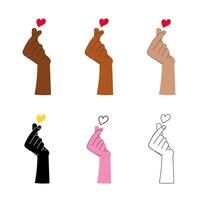 Korean love sign, love finger hand gesture icons set isolated. Various different skin colors. Hand drawn flat doodle style design elements vector