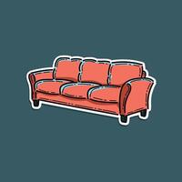 Sofa and couches red colorful cartoon illustration isolated in a blue background. Stylish comfortable red sofa with orange pillows. Mid century modern furniture, interior element. Elegant couch vector