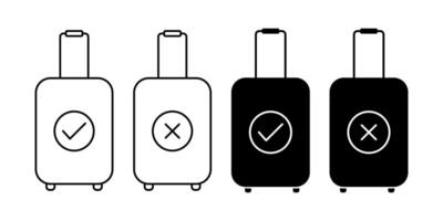 Travel luggage baggage suitcase icon set illustration isolated. Outline icon and black silhouette on white background. Check mark and x mark. vector