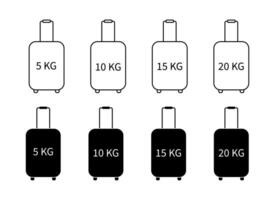 equipaje maleta y diferente peso señales íconos conjunto aislado. contorno íconos y negro siluetas cabina equipaje gráfico elementos vector
