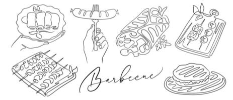 Set of bbq food in a line art style, illustration for design menu vector
