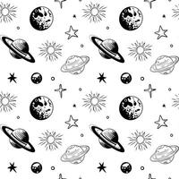 Monochrome seamless pattern with planets and stars. Space background. Hand drawn space elements. vector