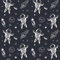 Monochrome seamless pattern with planets and astronaut. Space background. Space elements. vector
