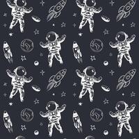 Monochrome seamless pattern with planets and astronaut. Space background. Space elements. vector