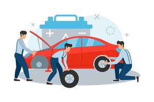 The men in an auto service repair a car, wheels, this is concept composition for a web design vector