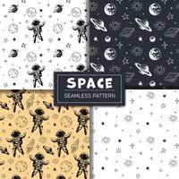 Set of monochrome space patterns. Seamless pattern with planets astronaut and stars. Space backgrounds. vector