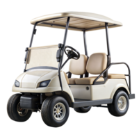 A beige and black modern golf cart with two seats and a roof, positioned against a plain transparent background png