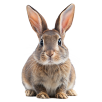 A small brown bunny with white markings sits still and alert, looking directly at the camera png